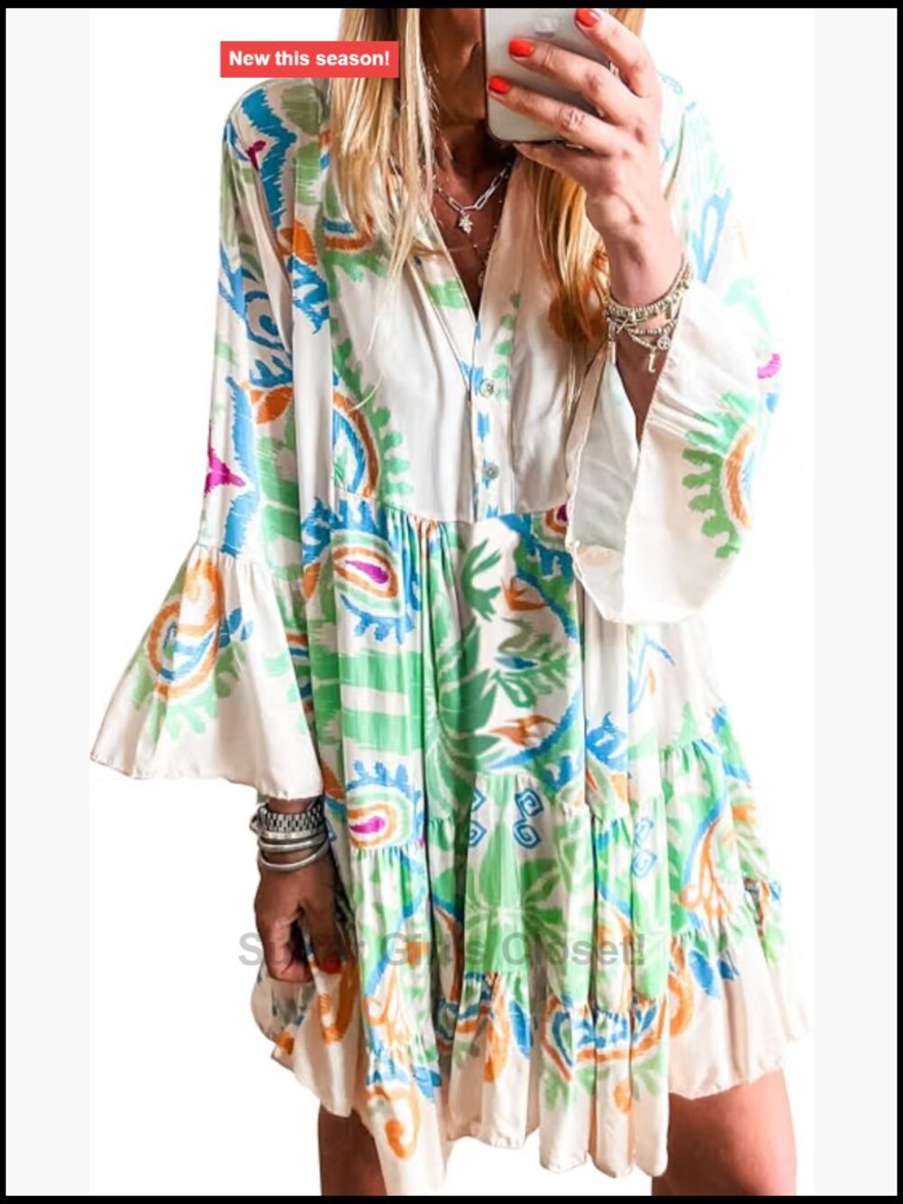 Women's V-Neck 3/4 Sleeve Boho Tribal Mini Dress Flow A-Line